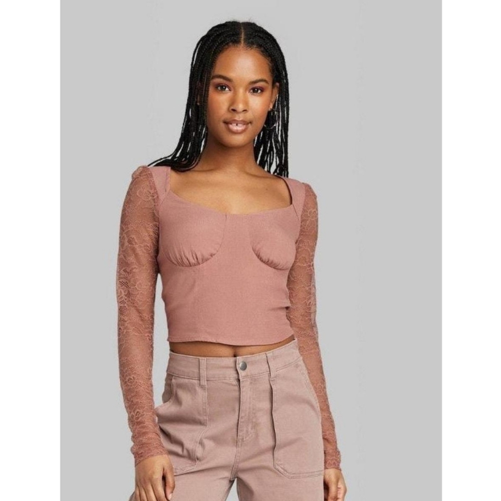 Wild Fable Cropped Long Sleeve Lace Bustier Top